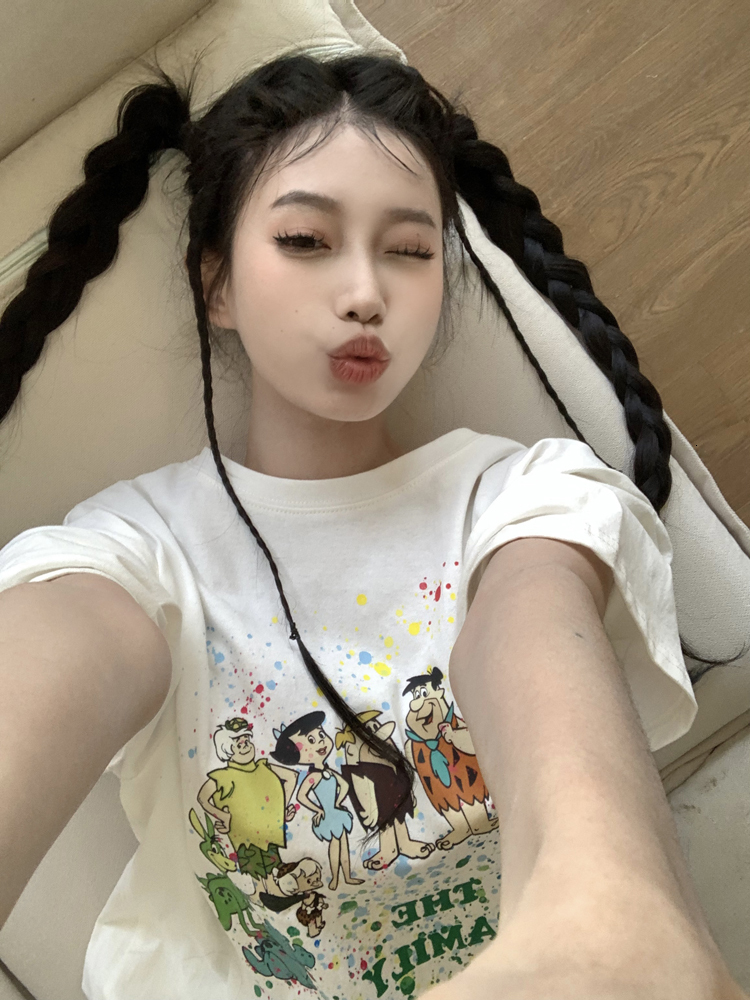 2023 Summer New Cotton Printed Medium to Long Loose Large Short sleeved T-shirt for Women