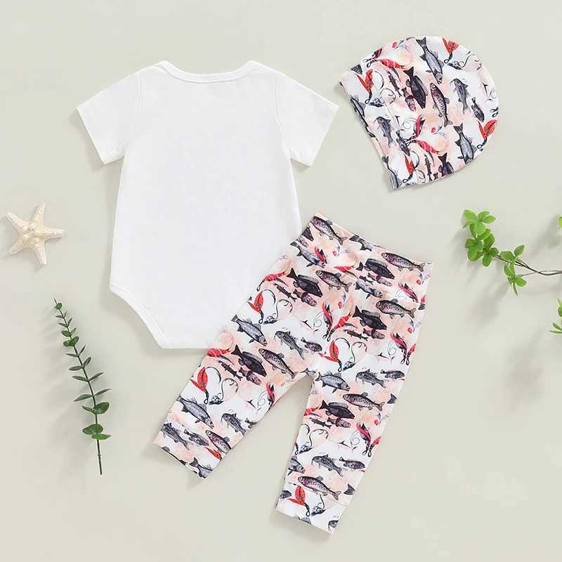 Clothing Sets 2024-04-28 Lioraitiin 3-Piece Baby Set Letter Print Short Sleeve Romper Tops Fish Print Long Trousers Headpiece Outfits