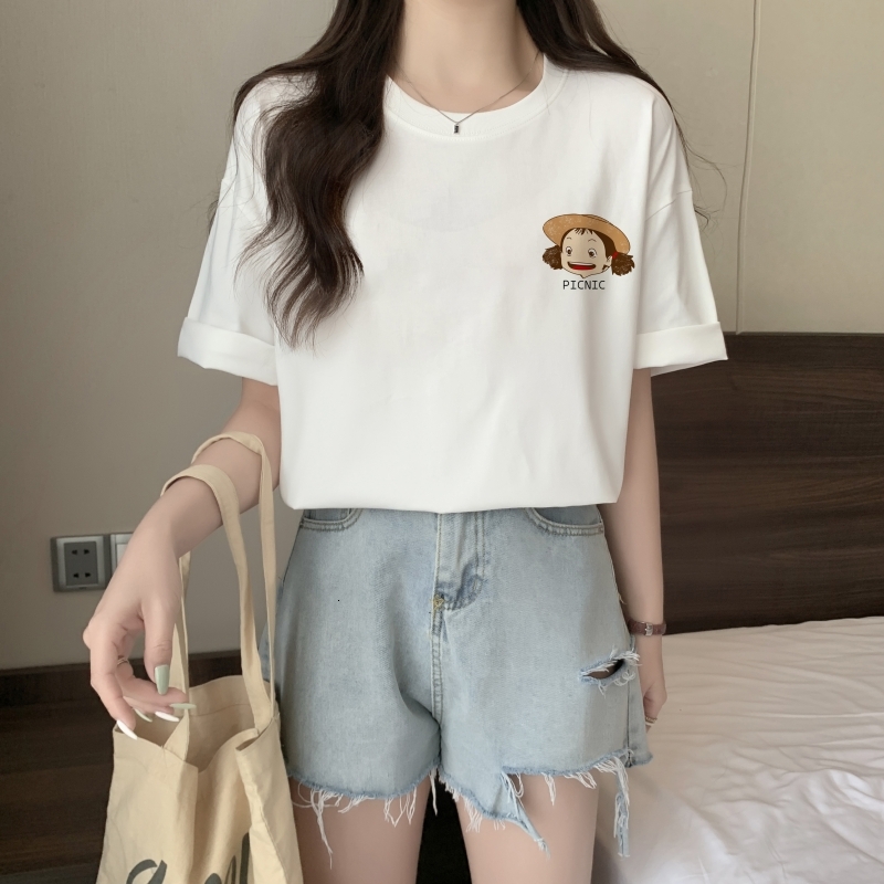 100% combed pure cotton printed summer short sleeved T-shirt for women loose fitting Korean version