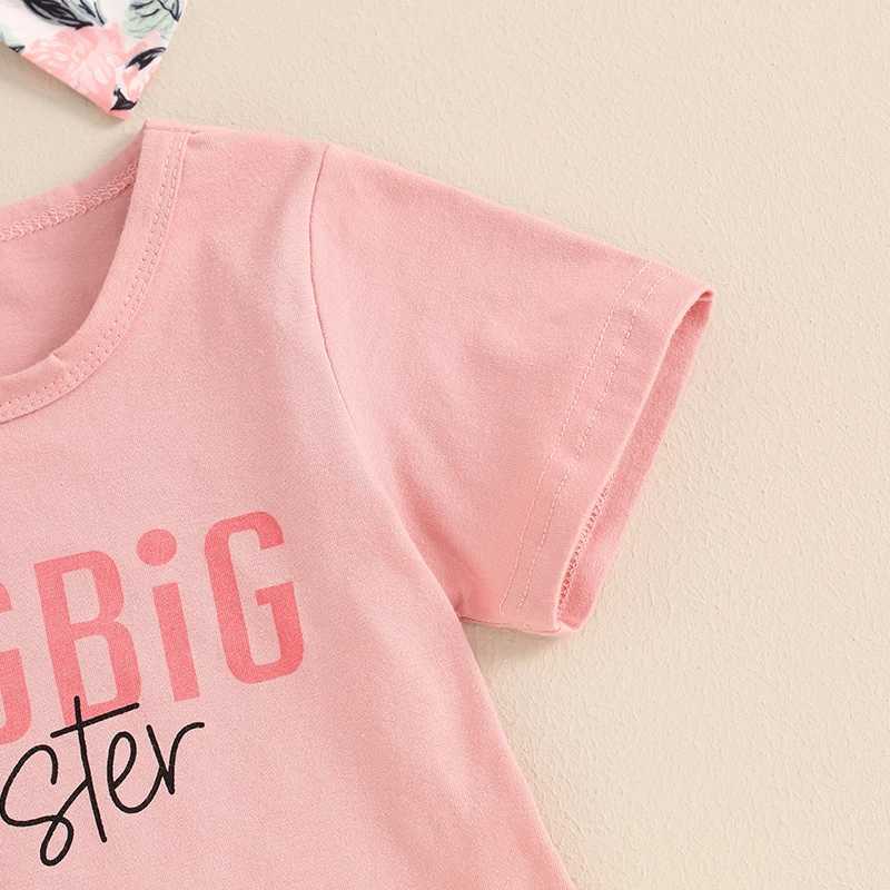 Clothing Sets 2024-03-28 Lioraitiin Toddler Girl Sister Matching Outfit Letter Print Short Sleeve Tops Shorts with Belt Headband Clothes Set