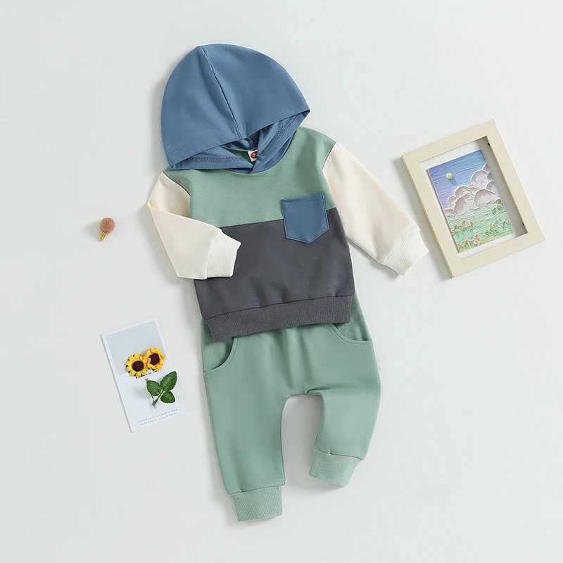 Clothing Sets 2023-05-25 Lioraitiin 0-3Years Baby Boys 2Pcs Autumn Outfits Contrast Pocket Knitted Long Sleeve Hoodie Sweatshirt Pants