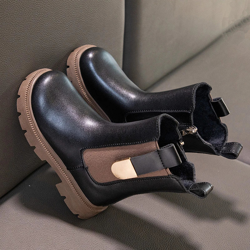 Girls Leather Long Boots Autumn Winter Childrens Rubber Boots Warm Fur Anti-skid Fashion Kids Classic Chelsea Boots Zipper 240711