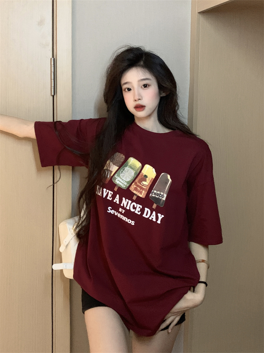 Summer lazy style casual fun printed loose short sleeved red T-shirt for women