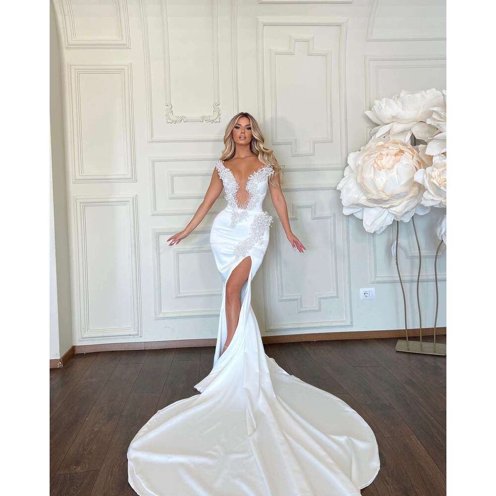 Princess Mermaid special Dresses Sexy V Neck High Split Beads Bridal Gowns Custom Made Appliqued Lace Sweep Train Robe De Mariee