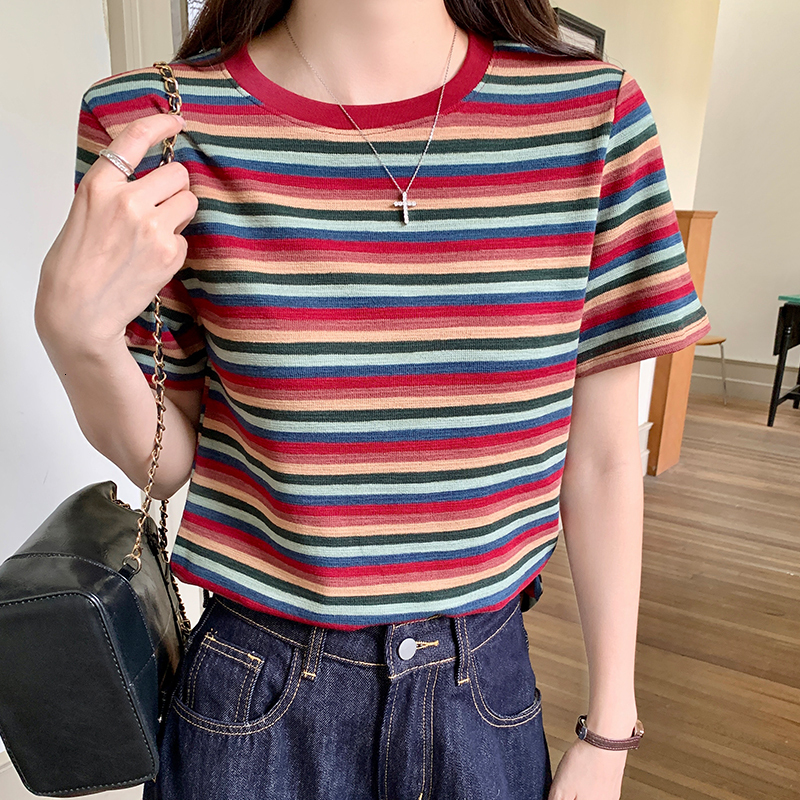 #Colorful striped American style shoulder short half sleeved T-shirt for women in summer, loose top