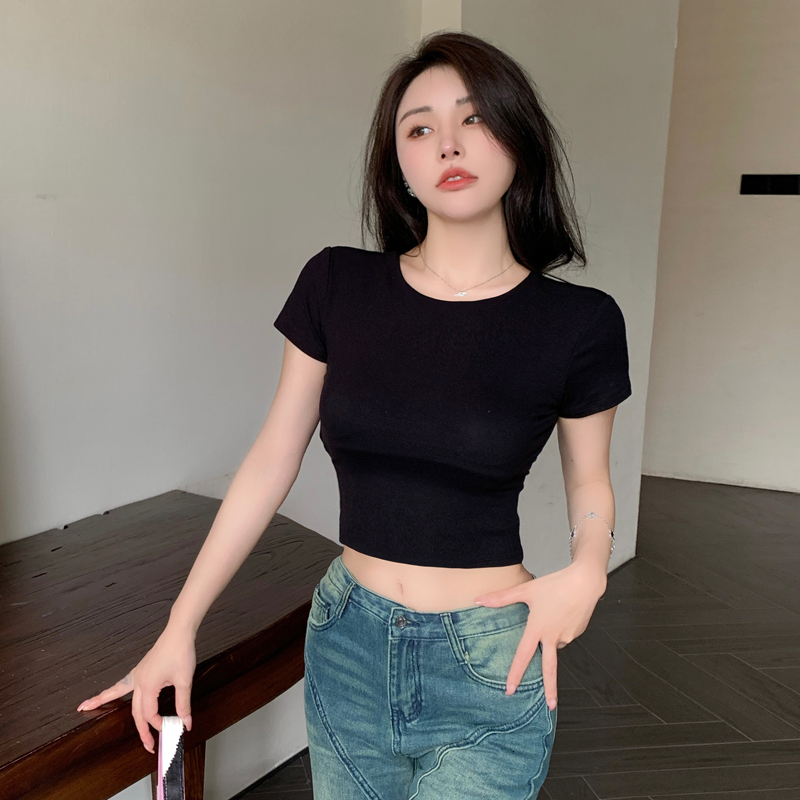 Hot girl sleeved t-shirt for women, slim fit and slimming, leak back short style, exposed navel, no need to wear underwear with chest cushion, pure de