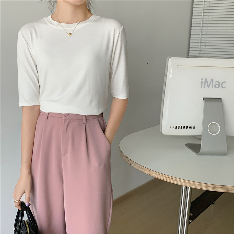 ~2024 Spring T-shirt Women's Round Neck Short 2022 New Thin Modal Medium Sleeve Base Shirt Slim Fit