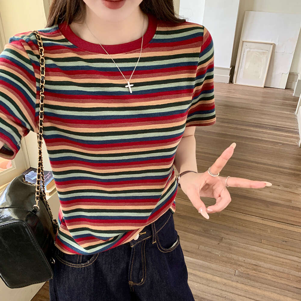 #Colorful striped American style shoulder short half sleeved T-shirt for women in summer, loose top