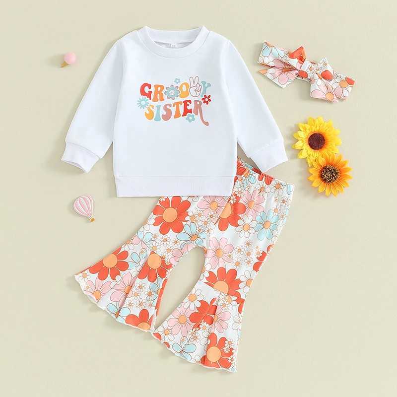Clothing Sets 2023-09-08 Lioraitiin 0-3Y Baby Girls Clothes Outfits Letter Print Long Sleeve Sweatshirt and Floral Flared Pants Headband Set