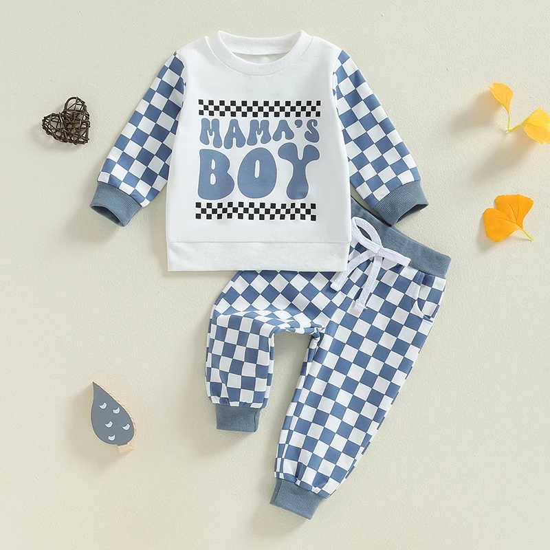 Clothing Sets 2024-05-30 Lioraitiin Boys Autumn 2PCS Outfit Sets Long Sleeve O Neck Letter Checkerboard Print Tops Drstring Pants Sets