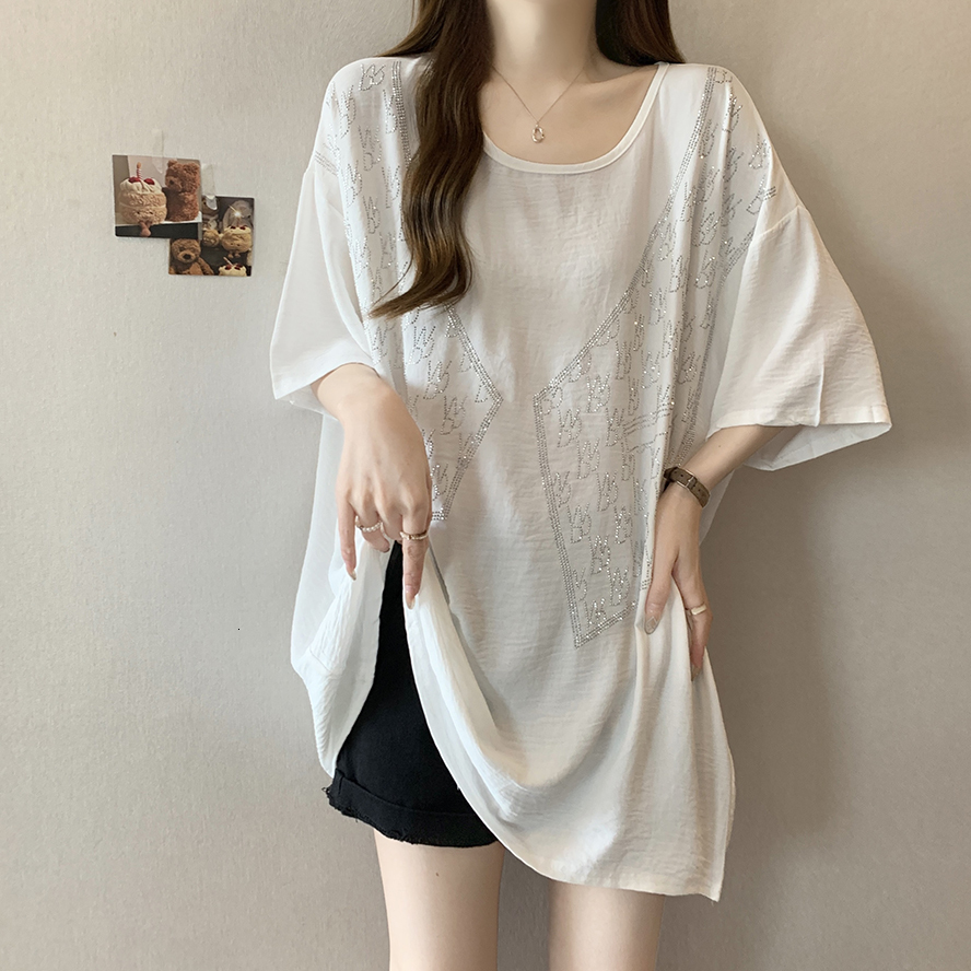 2024 Summer New Round Neck Hot Diamond Dropped Shoulder Sleeves Versatile T-shirt Women's Large Loose Casual Hoodie Top