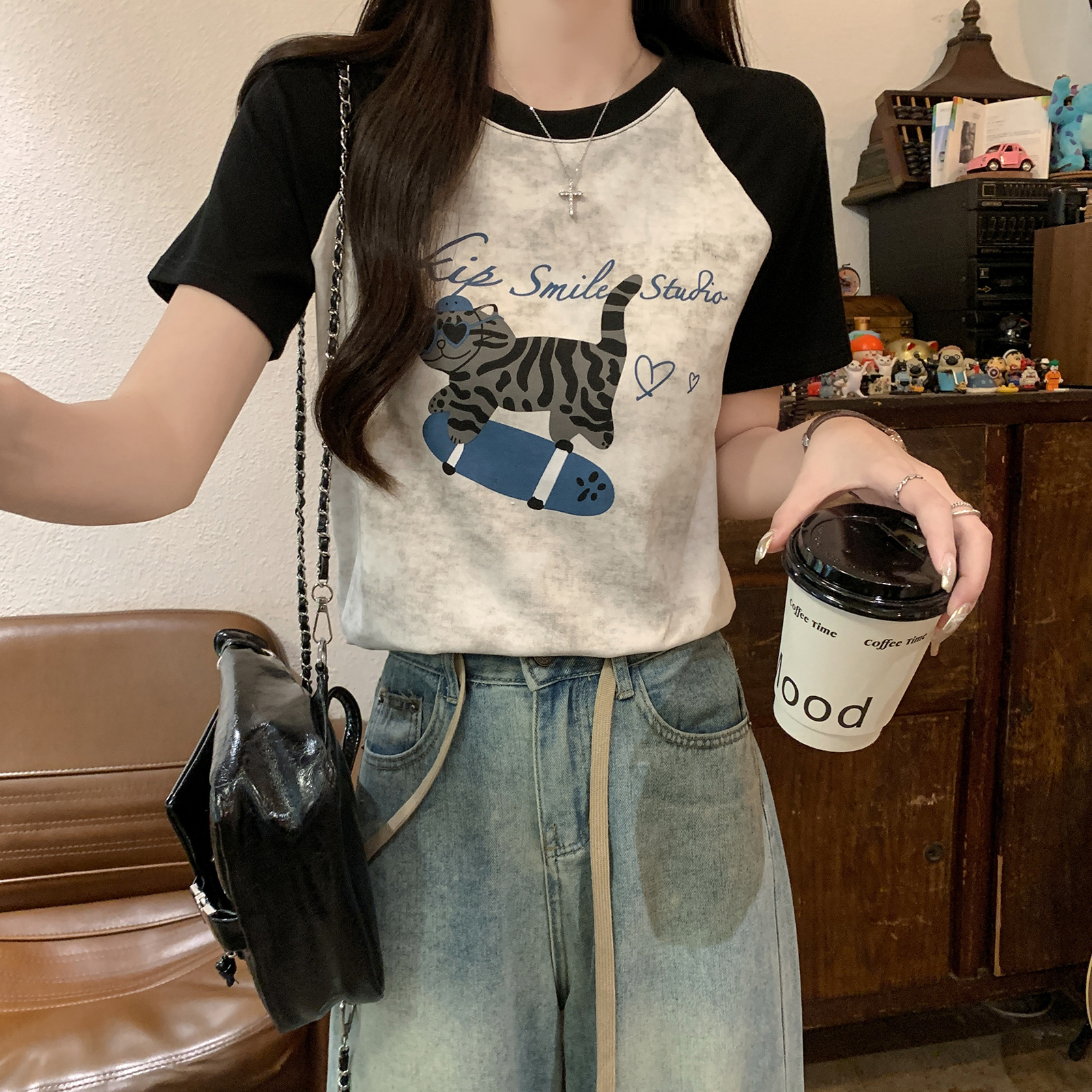 * 1 thread 210g short sleeved T-shirt with summer raglan sleeves, front shoulder slim fit, round neck top, women's clothing