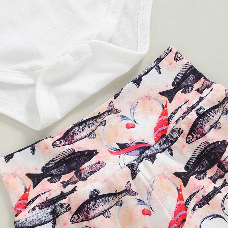 Clothing Sets 2024-04-28 Lioraitiin 3-Piece Baby Set Letter Print Short Sleeve Romper Tops Fish Print Long Trousers Headpiece Outfits