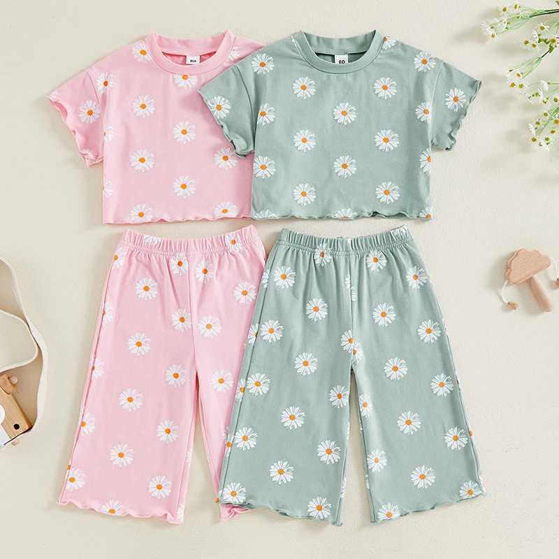 Clothing Sets 2024-06-01 Lioraitiin Little Girl Summer Outfit Daisy Print Short Sleeve Round Neck T-Shirt with Elastic Waist Loose Pants Set