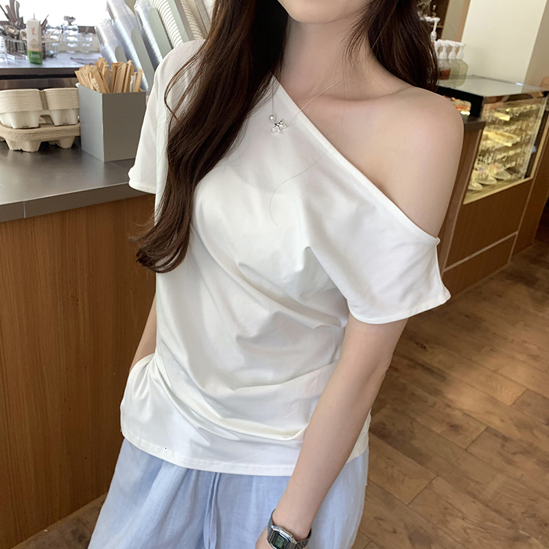 Side seam slit irregular off shoulder short sleeved T-shirt for women's summer new niche lazy style, stunning top
