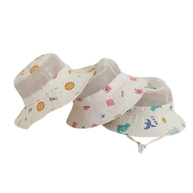 Childrens Summer Hat Cartoon Printing Mesh Bucket Hat Girls Beach Boys UV Protection Accessories Childrens Project 3-8 YearsW240715