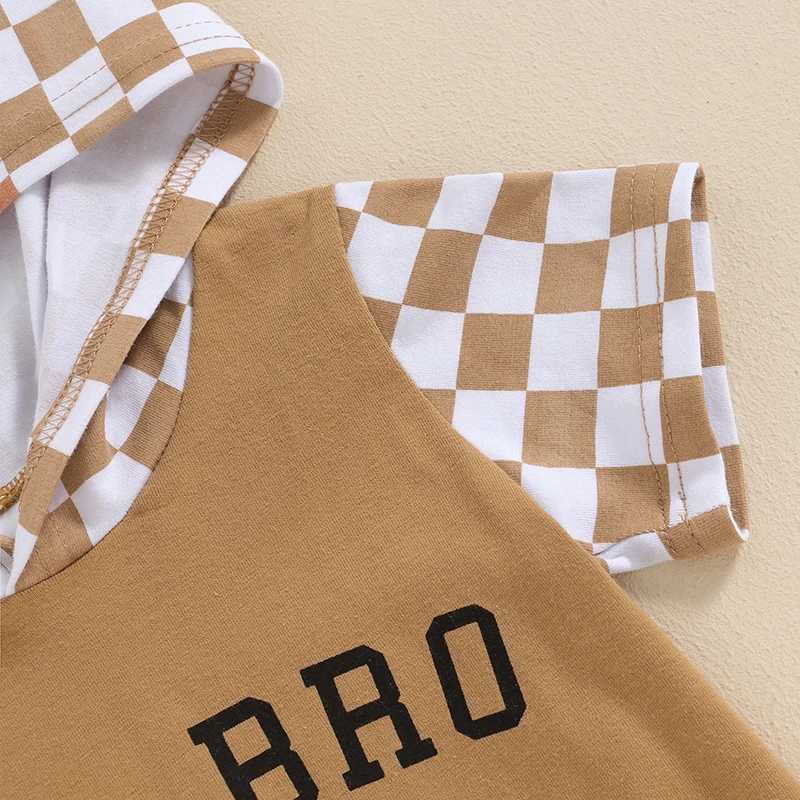 Clothing Sets 2024-03-06 Lioraitiin Toddler Boys Summer Clothes Set Short Sleeve Letter Checkerboard Print Hooded Tops+Drstring Short Set