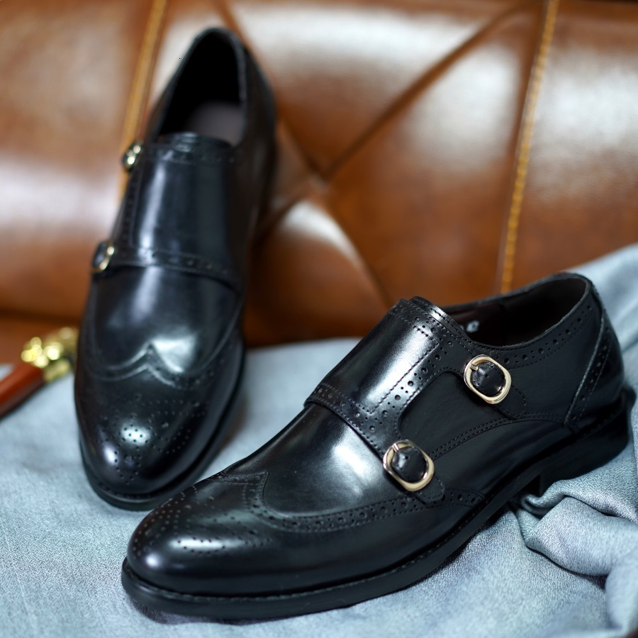 Classic Men Genuine Leather Dress Brogue Double Monk Strap Metal Buckle Business Office Wedding Formal Shoes