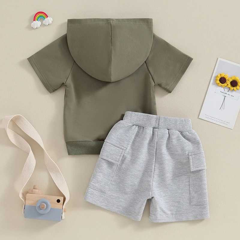 Clothing Sets Toddler Boys Summer Outfits Solid Color Hooded Short Sleeve T-Shirts Tops and Pockets Elastic Waist Shorts 2Pcs Clothes Set W2DY