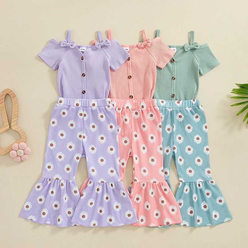 Clothing Sets 2024-05-05 Lioraitiin Kids Girls Pants Set Ribbed Short Sleeve Sling Strap T-shirt with Flower Print Flare Pants Summer Outfit