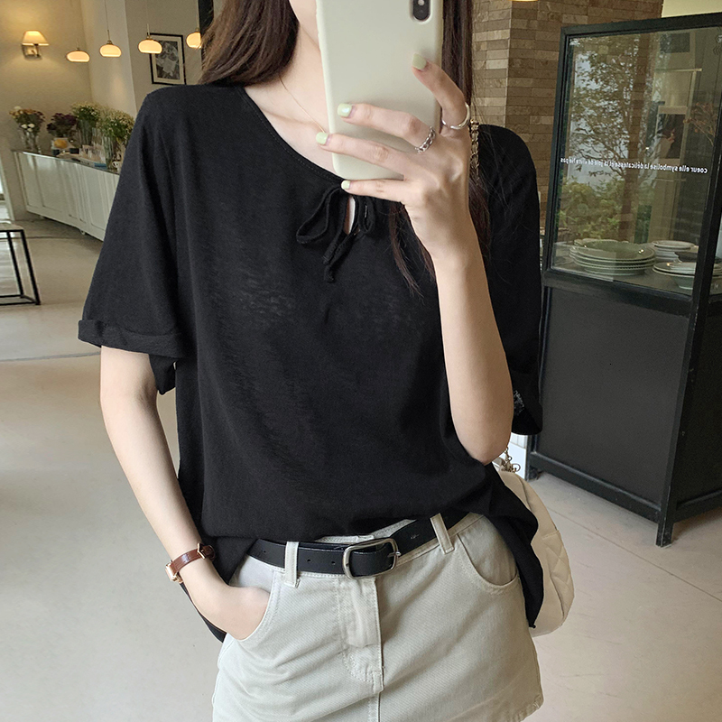 Snowflake cotton linen loose tie short sleeved T-shirt for women's summer 2024 new lazy and relaxed top