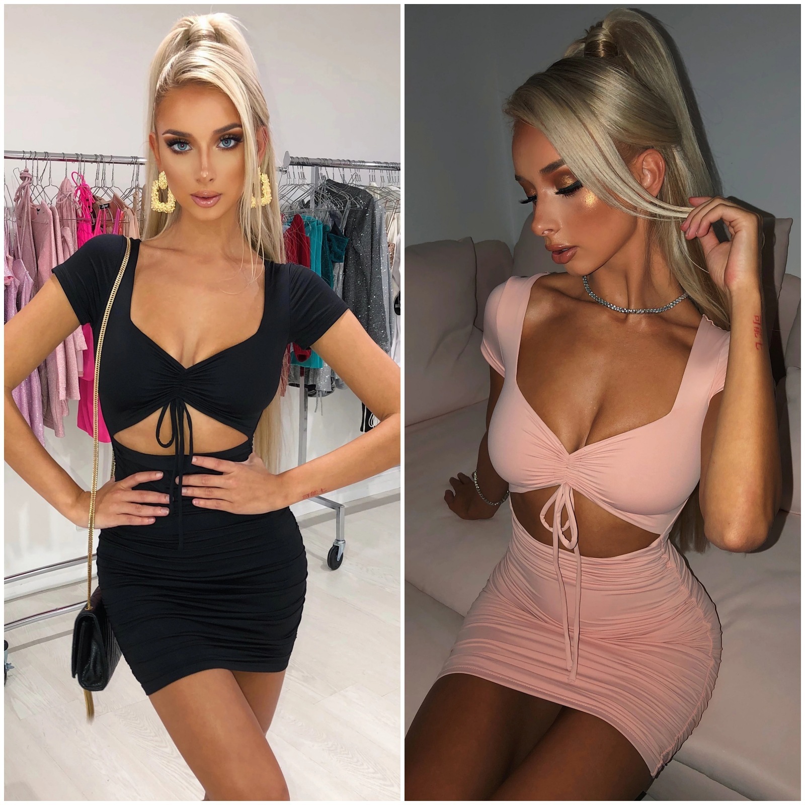 20 Summer Fashion New Women's Solid Color V-neck Short Sleeve Slimming High Waist Nightclub Sexy Dress Short Self-cultivation Sexy Temperament SK