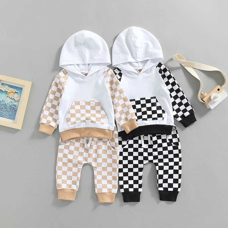 Clothing Sets 2022-07-01 Lioraitiin 0-4Years Girl Boy Outfit 2Pcs Set Plaid Long Sleeve Hoodie with Pockets Elastic Drstring Waist Pants