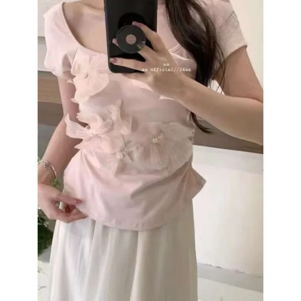 Guangzhou Thirteen Rows Women's High end European Top Light Mint Manwave Green Bow Short Sleeve Square Neck T-shirt Summer