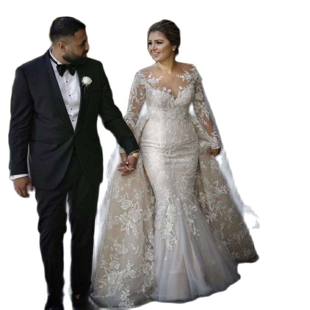 Vintage Mermaid special Dresses with Detachable Train Arabic Sheer Neck Lace Appliques Plus Size Long Sleeve Bridal Gowns