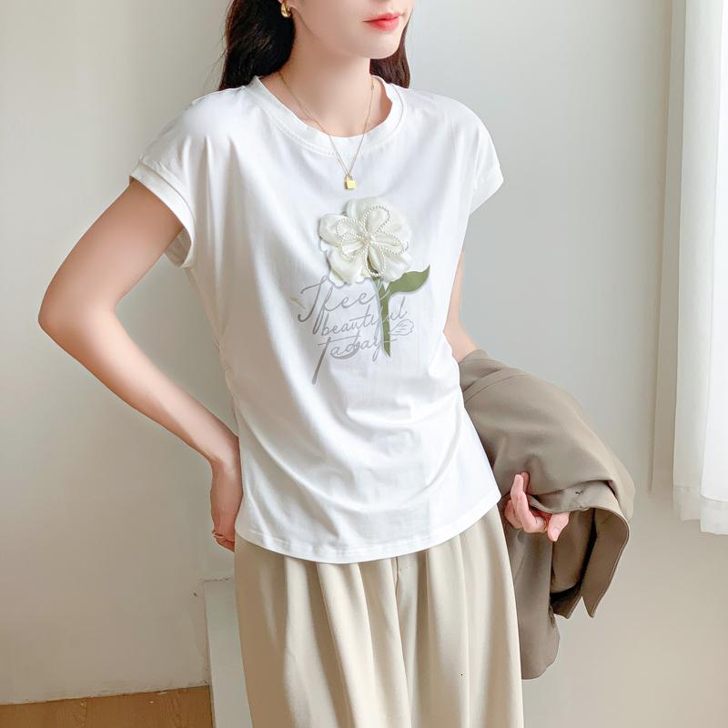 summer new round neck pure cotton pullover T-shirt with loose flowers and short sleeves, stylish anti-aging top for women