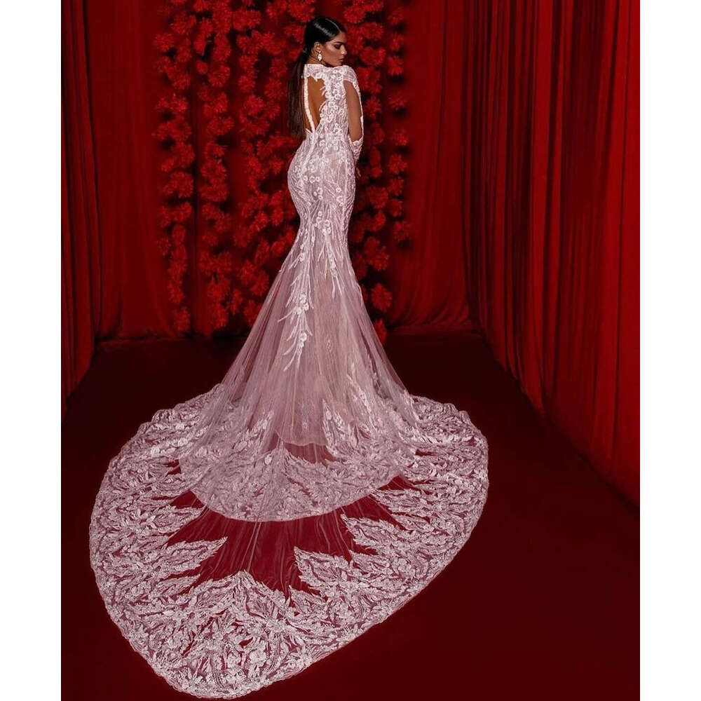 Mermaid Wedding Dresses Appliques Lace Long Sleeves Bridal Gowns Custom Made Ruffles Hollow Back Vestidos De Novia