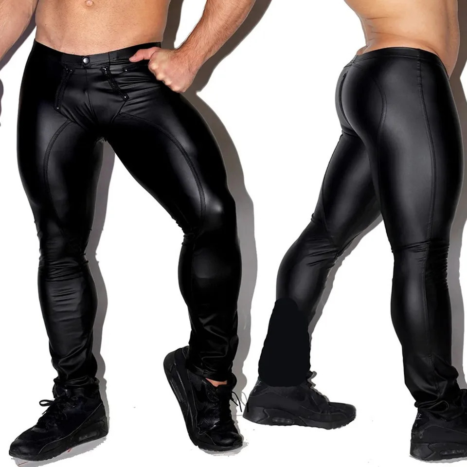 Mens Leather Pants PU Leather Trousers Wet Look Legging Skinny Pouch Open Pants Clubwear Tights Punk Clothing for Man 240712