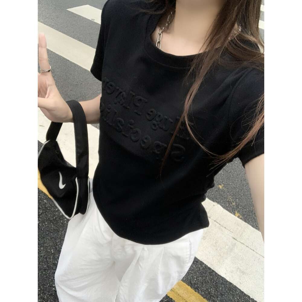 40 count pure cotton 2024 summer clothing foam letter short sleeved T-shirt for women with waist cinching, niche