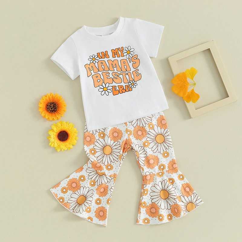 Clothing Sets Toddler Kids Baby Girls Summer Clothes Letter Floral Print Short Sleeve T-shirts+Flare Pants Children Holiday Beach Clothing