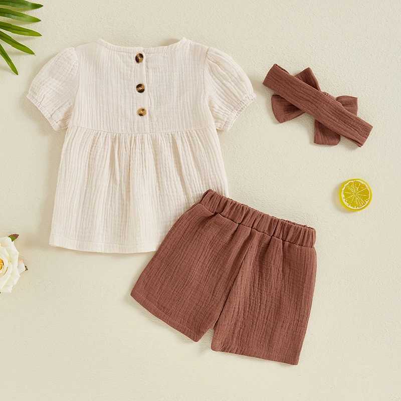 Clothing Sets 2024-05-07 Lioraitiin Kids Girls Summer 3PCS Outfits Short Sleeve O-Neck Floral Embroidery T-shirt Tops and Shorts Headband Sets