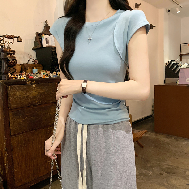 Design sense niche slim fit round neck sleeved T-shirt for women 2024 summer new small short base top