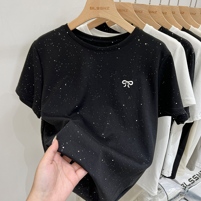 Designer's fashionable white rhinestone bow women's T-shirt pure cotton shoulder short sleeved women's summer loose T-shirt, P55