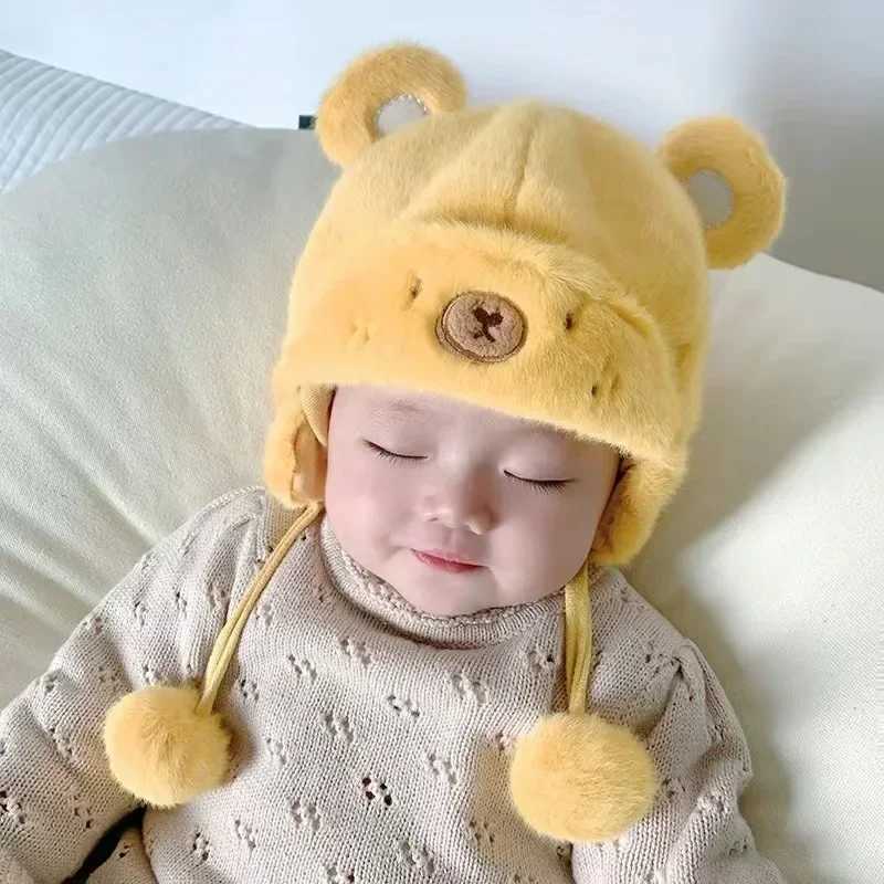 Cute winter warm childrens girl boy baby hat wool hem hat solid wool earmuffs with balls soft newborn hatW240715