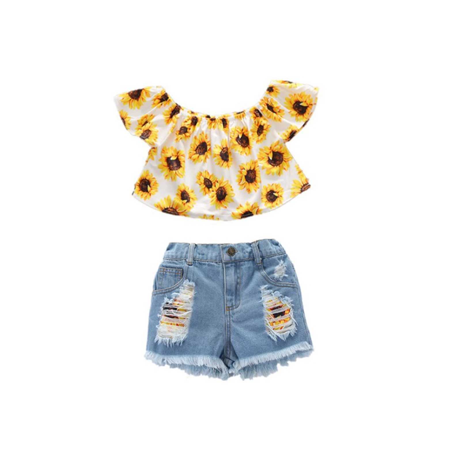 Clothing Sets 2021-01-28 Lioraitiin 1-6Years 2Pcs Set Kids Girls Clothing Off Shoulder Sunflower Print Short Sleeve Tops+ Denim Shorts