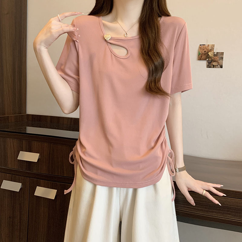2024 summer outfit new chubby mm plus size women's fashion design sense hollow out careful hine drawstring short sleeved T-shirt