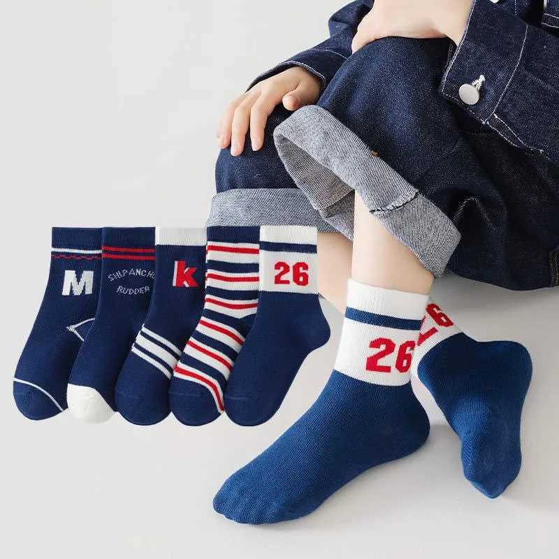5 pairs of childrens boys tennis series childrens sports school student sports socks spring autumn soft cotton childrens middle tube socksW240715