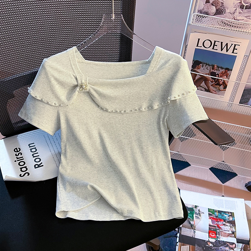 2024 Summer New Chinese Style High end Fashion Customized Bead One neck Small Fresh Simple Versatile Short sleeved T-shirt for Women