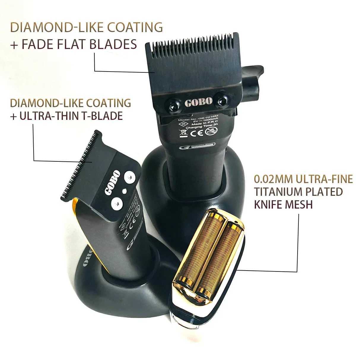 GOBO 3pcs 9900RPM 15M Set Professional Hair Clipper Magnetic Motor Barber Cutting Machine DLC Trimmer With Charger Stand M241223