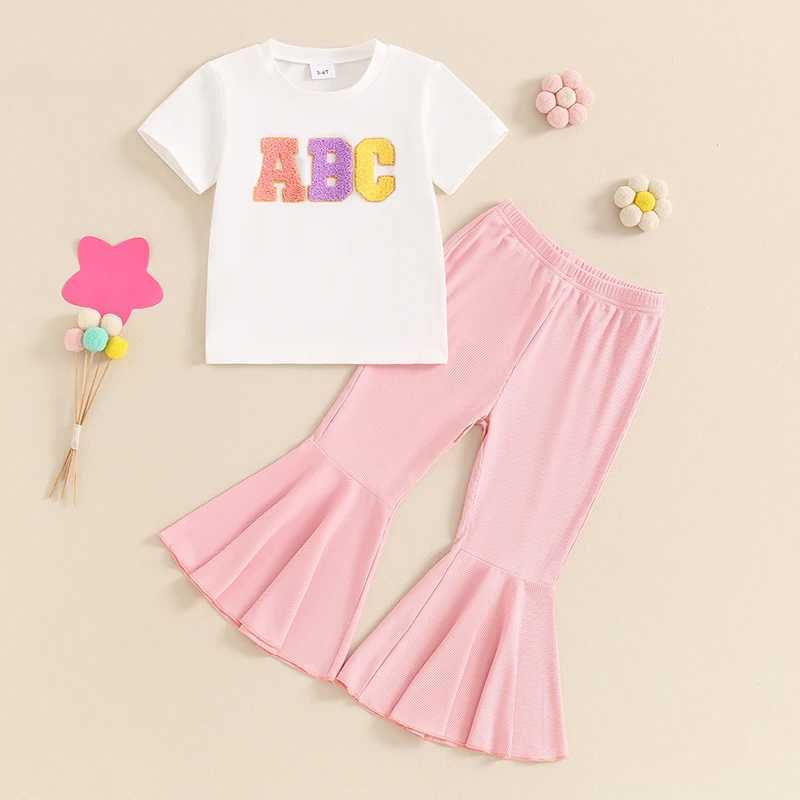 Clothing Sets 2024-04-03 Lioraitiin 3-6Y Toddler Baby Girl 2Pcs Summer Outfits Short Sleeve Letter Embroidery Tops + Flare Pants Set Clothes