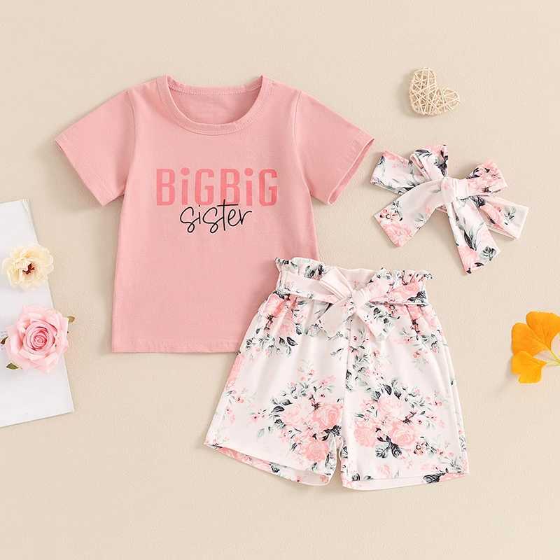 Clothing Sets 2024-03-28 Lioraitiin Toddler Girl Sister Matching Outfit Letter Print Short Sleeve Tops Shorts with Belt Headband Clothes Set