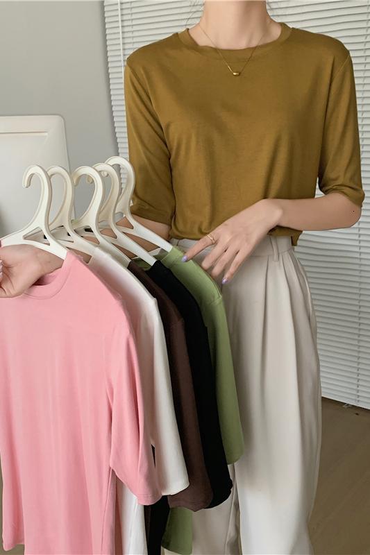 ~2024 Spring T-shirt Women's Round Neck Short 2022 New Thin Modal Medium Sleeve Base Shirt Slim Fit