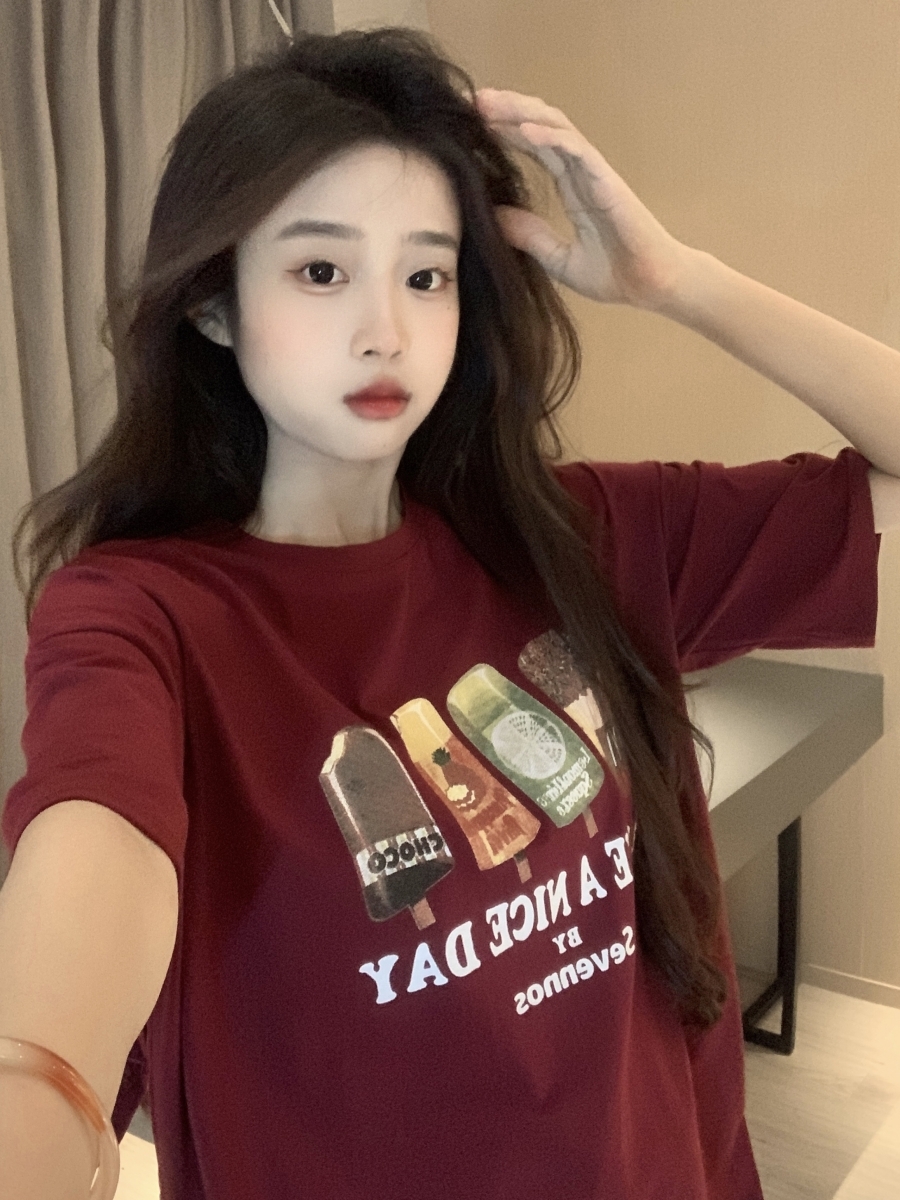 Summer lazy style casual fun printed loose short sleeved red T-shirt for women