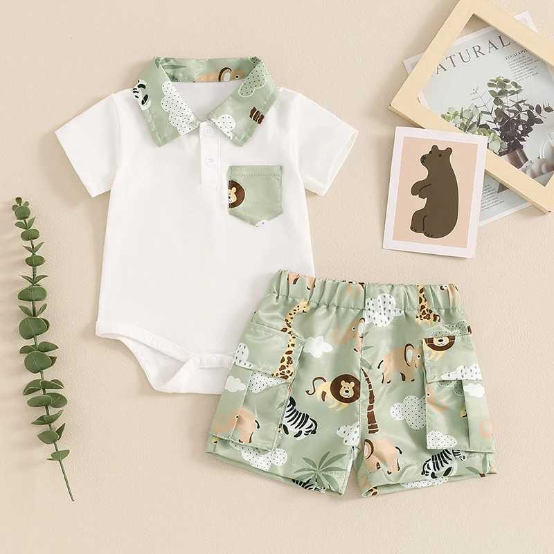 Clothing Sets Baby Boy 2 Piece Summer Set Animal Print Lapel Neck Short Sleeve Romper Elastic Waist Cargo Shorts Infant Toddler Clothes Set