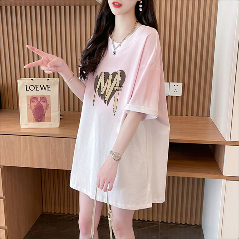 First release of pure cotton 2024 short sleeved for women's summer loose mid to long style gradient Korean version T-shirt