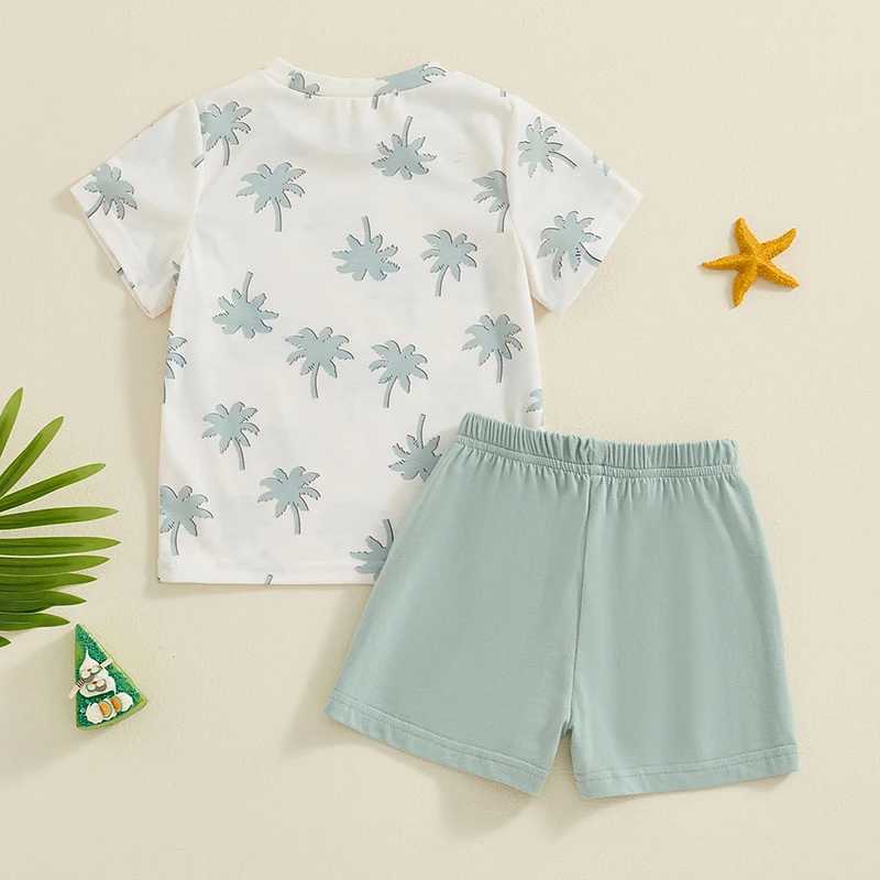 Clothing Sets 2024-05-07 Lioraitiin Little Boys Summer Shorts Outfits Short Sleeve Tree Print Tops and Drstring Shorts Sets